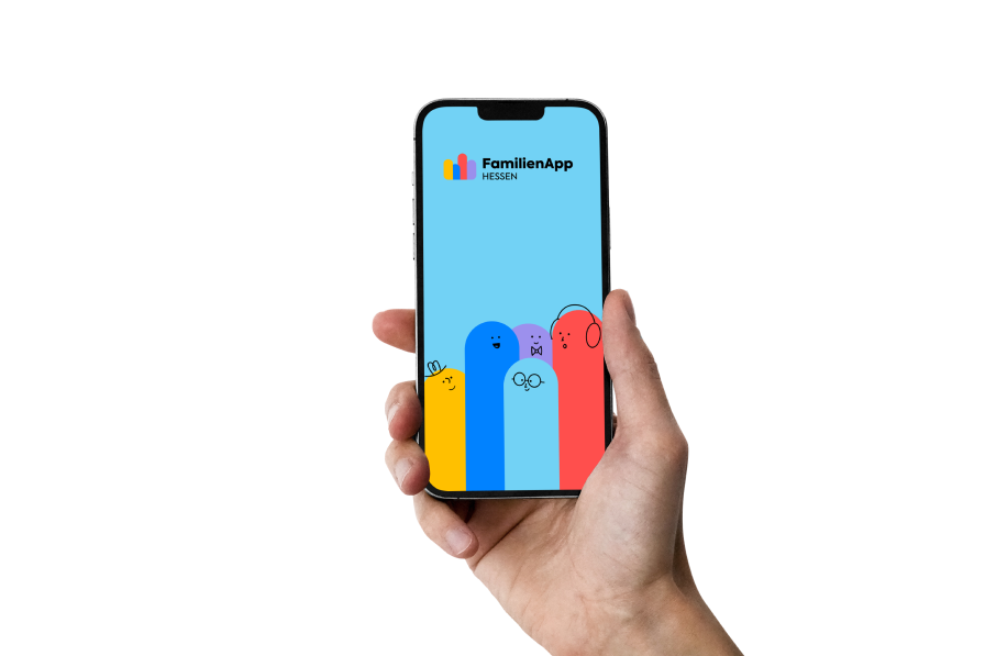 Ein Mobiltelefon mit der aufgerufen FamilienApp Hessen auf dem Bildschirm